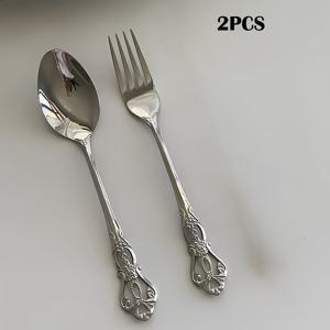 TEMU 2/4개 빈티지 로얄 실버웨어 포크와 스푼 세트, 스테인리스 스틸 샐러드 포크, 디저트용 유럽 스타일 럭셔리 식기, 식기세척기 사용 가능, 반짝이는 은색