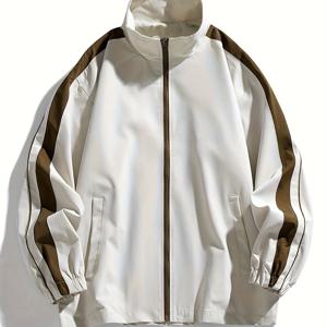 TEMU 남성용 방풍 보머 재킷 - 캐주얼 루즈핏 스탠드 칼라, 지퍼 디자인, 갈색 & 흰색 줄무늬 소매, 가벼운 폴리에스터 안감 봄/가을용, 스프링 아우터웨어 | 세련된 스탠드 칼라 | 내구성 있는 지퍼 클로저