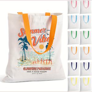 TEMU 12팩 캔버스 토트백 대량 구매, 컬러풀 핸들 포함 서브리메이션 DIY 장식용 빈 캔버스 쇼핑백, 재사용 가능한 백팩, 할로윈 공예용 화이트 캐주얼 가방|에코백