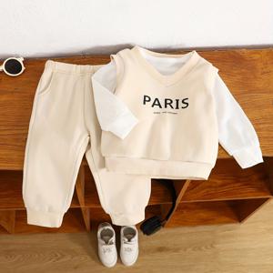 TEMU 3피스 캐주얼 운동복 세트 - O버사이즈 V넥 조끼, 베이지 라운드넷 니트 & 와이드핏 팬츠 | 파리(Paris) 레터링이 돋보이는 부드러운 겨울룩 | 기계세탁 가능한 루즈핏 이너웨어 (유아~초등학생용), 액티브웨어, 편안한 소재, 내구성 있는 의류, 야외활동에 완벽