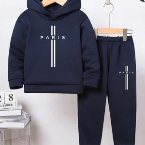 TEMU 남아용 트렌디 레터 프린트 스웨트셔츠와 조거 세트, 남아 가을/겨울 패션 후드 아우터, 따뜻하고 편안한 캐주얼 파리 프린트 긴팔 풀오버 + 실내외용 스포츠 팬츠, 야외 활동에 완벽