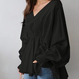 TEMU 여성용 우아한 V넥 비대칭 스모크 셔츠 - 퍼프 소매 & 스모크 허리 디자인, 네이비 블루 A라인 블라우스, 주름 방지 롱 슬리브 블라우스, 캐주얼 & 포멀 웨어, 세탁기 사용 가능 봄/가을 상의