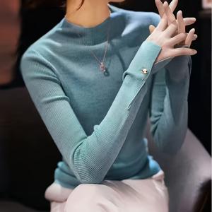 TEMU 여성용 터키스 그린 슬림핏 하이넥 긴팔 스웨터 - 스트레치 올시즌 베이스 레이어 탑, 버튼 커프 칼라, 블라우스, 드레스 & 청바지와 함께하는 우아한 레이어링 아이템 (손세탁/드라이클리닝)