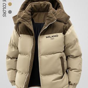 TEMU 남성용 헤비듀티 겨울 후드 재킷 - 풀 지퍼 코트, 스타일리시 아우터, 전면 풀 지퍼 & 후드 칼라, 긴팔 캐주얼 추위 방지 코트 (베이지/블랙) - 드라이클리닝 전용, 신축성 없는 원단