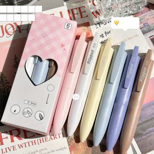 TEMU 6개 귀여운 일본풍 카와이 볼펜 - 하트 & 베이지 디자인, 파스텔 색상 (핑크, 블루, 옐로우, 그린, 브라운) - 학교, 사무실, 문구 애호가를 위한 휴대용 리필형 필기구 - 부드러운 필기감의 내구성 좋은 미니 펜, 공부 용품, 젤펜, 예쁜볼펜, 귀여운 볼펜, 연필, 볼팬