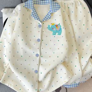 TEMU 여성 가을 컬러풀 물방울 도트 코끼리 자수 플리스 파자마 세트, 패션 일본 스타일 스위트 귀여운 Y2K 캐주얼 스타일 투피스 (가디건 칼라 긴소매 상의 +, 따뜻한 바지), 부드럽고 편안하며 통기성 좋은 여성용 홈웨어 의상