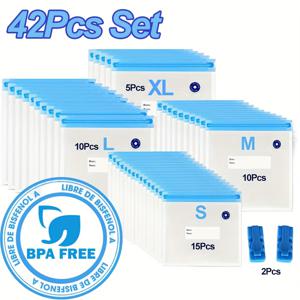TEMU 42개 진공 밀봉 보관 백 세트 (백 40개 & 클립 2개 포함) - 밀폐, 누수 방지, 재사용 가능, 4가지 사이즈 (S/M/L/XL) - 냉동고, 냉장고, 캠핑에 적합 - 농산물, 육류 & 남은 음식 신선 보존, 진공 실러 백, 냉장고 정리, 컴팩트 디자인|냉동고