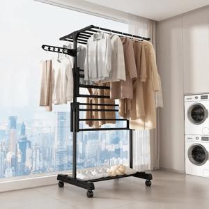 TEMU 프란다스 이동접이식 빨래건조대 특대형-4층 실내외 사용 가능한 공간 절약형 디자인, 바퀴 장착, 다층 접이식 금속 빨래 건조대, 360° 회전, 가정 및 발코니에 적합, 내구성 있는 구조