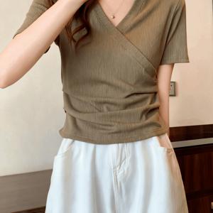 TEMU 여름 신상 크로스 V넥 반팔 티셔츠 여성용 슬림 핏 몸매보정 올인원 순색 숏 컷 상의