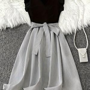 TEMU 여성용 우아한 V넥 반팔 허리 악센트 미디 드레스 - 가볍고 세탁기 사용 가능한 캐주얼 & 포멀 여름 원피스