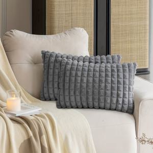 TEMU 2개 럭셔리 플러피 인조 토끼 모피 체크무늬 & 소프트 벨벳 백 장식 쿠션 커버, 12x20인치 - 소파, 침실, 차량용 현대적 홈 데코, 기하학 패턴, 지퍼 클로저, 손세탁 전용, 플러시 폴리에스터 원단, 장식용 베개