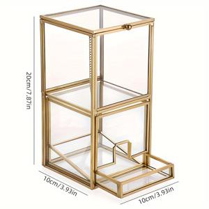 TEMU 1개 금색 유리 면봉 홀더 뚜껑과 볼, 라운드 패드, 메이크업 패드용 2칸 수납함, 화장대나 작업대에 적합한 코스메틱 보관 상자, 면봉 디스펜서|화장대