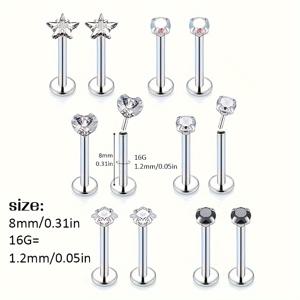 TEMU 12개 20G 18G 16G 무스레드 푸시핏 메두사 피어싱 쥬얼리 트라구스 귀걸이 세트 서지컬 스틸 래브라도 쥬얼리 립 링 스터드 귀걸이 여성 남성 포워드 스파이럴 귀걸이 플랫 백 연골 귀걸이
