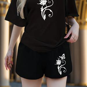 TEMU 여성용 통기성 액티브웨어 세트 - 캐주얼 스포츠 티 & 기하학적 디자인의 빠른 건조 반바지, 세탁기 사용 가능