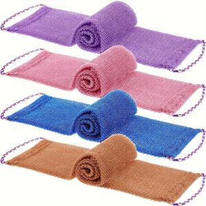 TEMU 4개 아프리카 스킨 스크럽 그물 스펀지와 끈 - 전신 및 등용 긴 메쉬 목욕 스크러버, 깊은 클렌징 및 매끄러운 피부를 위한 질감 있는 표면, 보라색, 핑크, 파랑, 갈색, 목욕 스펀지