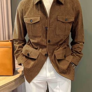 TEMU 이탈리아 슬림핏 헌팅 재킷 남성용 라펠 빈티지 멀티포켓 디자인 코트 싱글피스