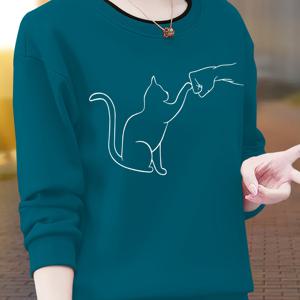 TEMU 여성용 귀여운 고양이 그래픽 크루넥 스웨트셔츠 - 틸 캐주얼 롱슬리브 드롭숄더 풀오버, 가을 겨울 기계세탁 가능 편안한 상의, 일상적인 루즈핏