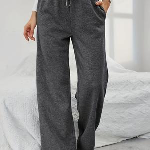 TEMU 여성 캐주얼 폴리에스테르 스웨트 팬츠 100% 니트 원단, 끈 조절 가능, 단색 레그 약간 스트레치 바지 (가을/겨울용)