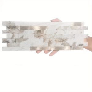 TEMU 12-팩 베이지 마블 벗겨내고 붙이는 백스플래시 타일, 자체 접착식 3D 벽 패널, 밝은 골드색 알루미늄 악센트, 현대적인 도시 패턴, 주방 및 욕실 장식을 위한 플라스틱 직사각형 모양