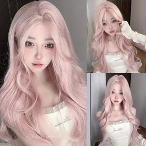 TEMU 여성용 26인치 핑크 롱 웨이브 가발, 중간 부분과 앞머리, 코스프레용 합성 가발, 소녀 같은 느낌, 자연스러운 룩, 고품질 합성 가발|코스프레