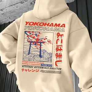 TEMU 남성용 도쿄 프린트 루즈핏 후드티 - 그레이 긴팔 풀오버, 벚꽃 & 일본어 텍스트 디자인, 캐주얼 가을/겨울 스트리트웨어, 가을 겨울 의류 | 그래픽 백 후드티 | 일본어 텍스트 장식