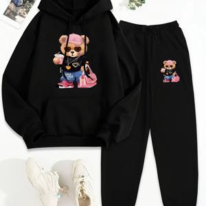 TEMU 귀여운 곰 프린트, 끈 조절, 긴 소매 - 캐주얼 가을/겨울용 블랙 플리스 안감 여성 후드 & 조거 세트