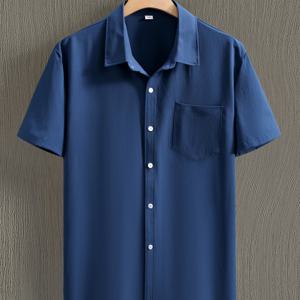 TEMU 남성용 캐주얼 반팔 셔츠 - 연두색 워시드 주름감, 통기성 여름 원단, 클래식 칼라 & 단추 앞면, 레귤러 핏, 솔리드 컬러 탑, 텍스처 마감, 플러스 사이즈