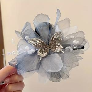 TEMU 우아한 나비 머리 클로 클립 - 꽃무늬가 있는 스타일리시 아크릴 상어 클립, 파란색 & 녹색 메쉬 꽃, 진주 장식, 업두용, 싱글 팩, 웨딩 헤어스타일 클립 | 세련된 매력 | 반짝이는 마감, 나비 머리 클립