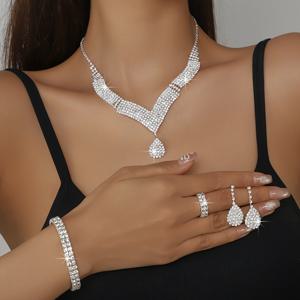 TEMU 우아한 스타일: 아름다운 V자형 눈물 목걸이, 팔찌, 반지, 귀걸이 세트 - 신부들의 결혼식에 이상적, 화려한 플레이트 화이트 K 디자인, 반짝이는 라인스톤, 구리 베이스, 결혼식 및 정장 행사에 완벽한 웨딩ジュ얼러