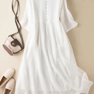 TEMU 여성용 우아한 화이트 A라인 드레스 - 크루 넥, 반팔, 가벼운 폴리에스터, 봄/여름에 완벽, 캐주얼에서 정장까지, 캐주얼 드레스 | 크루 넥 드레스 | 가벼운 드레스|인견원피스