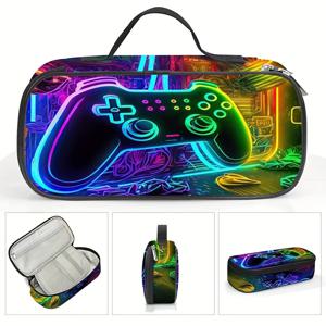 TEMU 네온 게이밍 콘솔 연필 케이스 - 학생용 생동감 있는 폴리에스터 문구 상자, 빛나는 조명과 멋진 게임 테마 디자인, 사무실이나 학교 용품을 위한 내구성 있고 스타일리시한 정리함, 학교 용품 정리함 | 생동감 있는 폴리에스터 문구 상자 | 메쉬 포켓 기능
