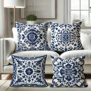 TEMU 블루 앤 화이트 플로럴 패턴 소파 쿠션 커버 4개 세트, 18x18인치, 단면 프린팅, 지퍼 잠금, 기계 세탁 가능 폴리에스터 베개커버, 수제 제작 거실/침실용, 모던 스타일, 내장 쿠션 미포함, 100% 폴리에스터