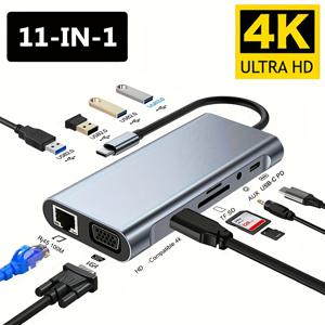 TEMU 11-in-1 USB-C 허브, 4K Ultra HD, Fast PD, Gigabit Ethernet, 마이크/사운드, SD/TF 카드 리더 - MacBook, Windows 및 더 많은 USB-C 장치용 고속 멀티포트 어댑터