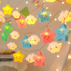 TEMU 생일 파티, 휴일, 실내 결혼식 홈 침실 크리스마스 분위기 장식을 위한 1개 별 구름 혼합 LED 스트링 라이트 - 배터리 전원 사용 (배터리 미포함)