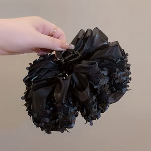 TEMU 1pc 우아한 빈티지 나비 리본 헤어 클립, 강력한 그립이 있는 대형 플라스틱 상어 클립, 면 레이스 디자인, 두꺼운 헤어 스타일을 위한 패션 단색 액세서리, 헤어 클로 클립