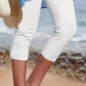 TEMU 여성용 단색 3/4 소매 카프리 바지 - 신축성, 탄성 허리띠, 중간 신축성 니트 원단, 모든 계절 캐주얼 및 정장 의류, 기계 세탁 가능, 캐주얼 의류|탄성 허리띠 바지|신축성 니트 원단