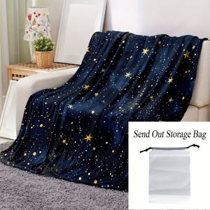 TEMU 1pc 별빛 하늘 플란넬 스웨터 - 소파, 침대, 여행, 캠핑에 적합한 편안한, 부드러운, 가벼운 스웨터 - 청색과 금색 별이 있는 생동감 있는 스웨터 - 집이나 사무실의 편안함, 캠핑의 편안함에 적합한 완벽한 선물 | 생동감 있는 별 패턴 | 플러시 폴리에스터, 해변용 수건|비치타올