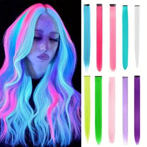 TEMU 10개 발광 클립인 합성 헤어 익스텐션 20인치 컬러풀 네온 글로우-인-더-다크 가발, 쉬운 착용 클립 디자인, 부드럽고 매끄러운 질감, 할로윈 & 새해 파티용 여성 패션 액세서리