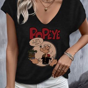 TEMU 여성용 팝아이 그래픽 프린트 V넥 티셔츠 - 소프트 레이온 캐주얼 반팔 탑, 빈티지 만화 디자인, 봄/여름용 릴랙스 핏, 세탁기 사용 가능, 클래식 V넥 스타일, 중간 신축성 원단, 여름 의상, 트렌디한 상의