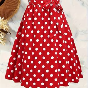TEMU 우아한 빨간 점 무늬 미디 스커트 - 하이웨이스트, 플로우이 A라인 스커트, 여름/가을에 적합, 다재다능한 패션, 하이웨이스트 스커트