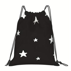 TEMU 흰색 별 무늬 블랙 드로스트링 백팩 - 소프트 쉘, 조절 가능한 끈 & 실용적인 포켓, 세탁기 사용 가능, 학교/여행/일상용, 다목적 가방, 유쾌한 디자인, 쉬운 관리, 캐주얼 캐리올