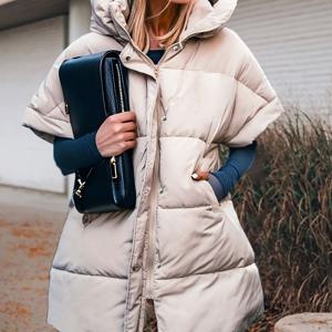 TEMU 여성용 라이트 그레이 반팔 조끼 - 캐주얼 패딩 지퍼 포켓, 드롭 숄더 디자인 가을/겨울 레이어링 필수품, 계절 패션, 구조적 외관