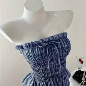 TEMU 여성의 우아한 오프숄더 러플 트림 보우 타이 디테일 슬림핏 크롭 탑 - 해군 파란색, 봄/여름/가을 패션, 오프숄더 탑|러플 트림 탑|폴리에스터 원단