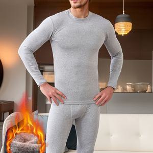 TEMU 가을 겨울 남성용 보온 내의 세트, 플리스 안감 두꺼운 미드넥 슬림핏 베이스 레이어, 가을 셔츠와 팬츠
