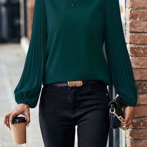 TEMU 플러스 사이즈 - 여성용 우아한 녹색 긴 소매 블라우스 - 라운드 넥, 신축성 있는 폴리에스터 소재, 봄/여름/가을에 완벽한, 캐주얼에서 정장까지 다용도로 사용할 수 있는 캐주얼 시크 블라우스 | 우아한 소매 디자인 | 광택 있는 질감