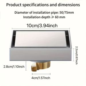 TEMU 304 스테인리스 스틸 인비저블 바닥 배수구 - 모던 사각형 욕실 싱크대 배수구, 냄새 방지, 대직경, 내식성, 쉬운 청소 표면, 샤워기, 욕조, 화장실용 - 디자인, 고품질 배수, 홈 리모델링|사각싱크볼
