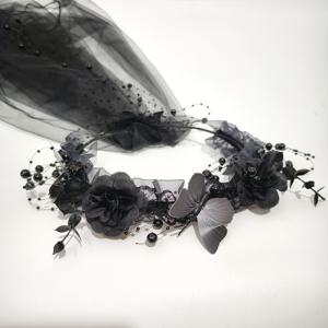 TEMU 1개 여성용 고딕 블랙 플로럴 리스 베일 헤어밴드 - 우아한 튤 & 레이스 웨딩 크라운, 할로윈/생일/싱글 파티용 - 손세탁 전용