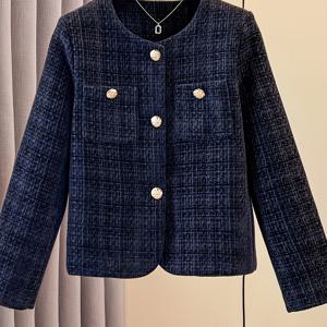 TEMU 여성용 해군 파란색 H 라인 컷 짧은 재킷 - 우아한 캐주얼 라운드 넥 긴팔 금색 버튼, 기계 세탁 가능 봄/가을 코트, 일상 착용용, 클래식 디자인, 스타일리시 핏, 다용도 아우터웨어, 세련된 수선, 비탄성 원단