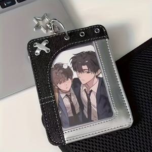 TEMU 한식 스타일 실버 파우더 데님 패치워크 ID 카드 케이스 - 3인치 스타일 사진 보관 및 디스플레이 보호 케이스, 내구성 있는 인조 가죽, 블랙 버튼 클로저, 완벽한 할로윈 및 크리스마스 선물, 귀여운 카드 케이스