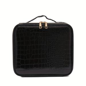 TEMU 블랙 & 화이트 크로커다일 텍스처 휴대용 메이크업 케이스, 골드톤 지퍼, 다중 구획 여행용 정리함 - 내구성 있는 컴팩트 뷰티 박스, 메이크업 브러쉬, 립스틱, 아이섀도우 보관용 (프로페셔널 &
